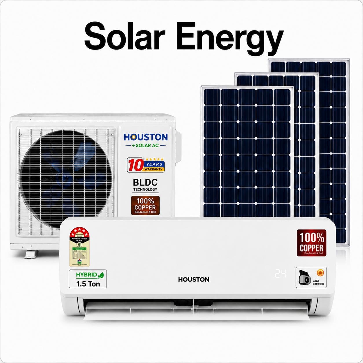 Houston solar hybrid AC system with indoor unit, BLDC outdoor unit and three solar panels